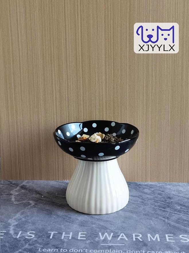 Elevated Mushroom Cat Bowls Ceramic, Raised Cat Bowls for Indoor Cats, Cute Whisker Fatigue Cat Bowl, Raised Dog Bowl Stand for Food and Water, Black 6" Wide for Adult Cats