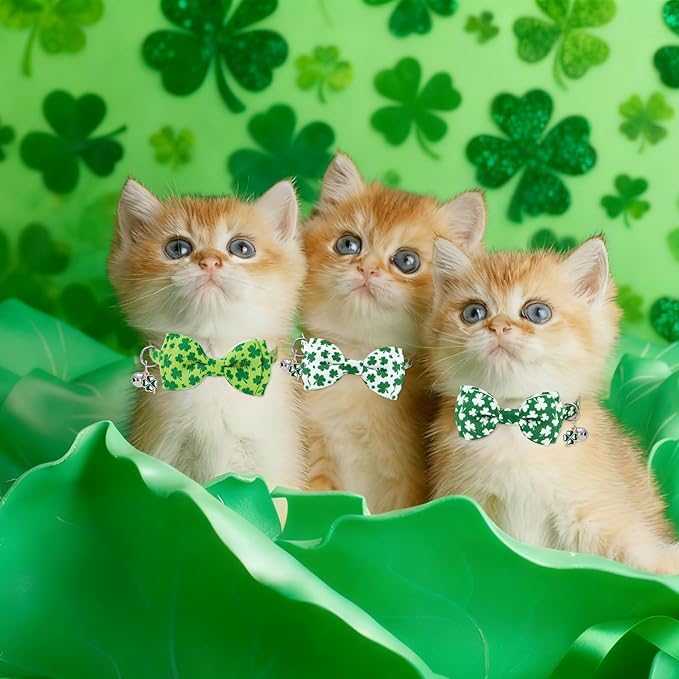 JarThenaAMCS 3 Pcs St. Patrick's Day Cat Collar with Breakaway Bell Bow Tie Green Shamrock Lucky Clover Adjustable Kitten Collars for Spring Irish Girl Boy Cats Small Pet Party