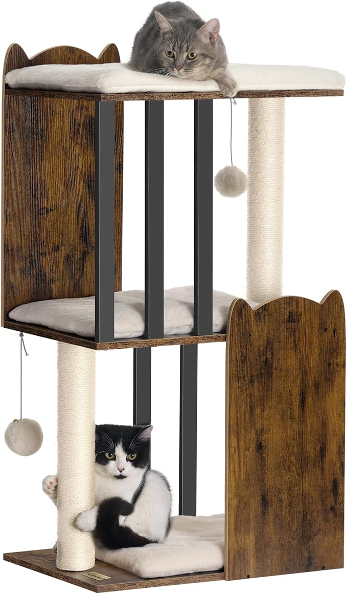 FourFurPets 35.4in 3-Tier Modern Cat Tree Tower Condo, Cat Scratch Posts for Indoor Cats, Big Plate, Two Full Sisal Scratching Posts, Rustic Brown