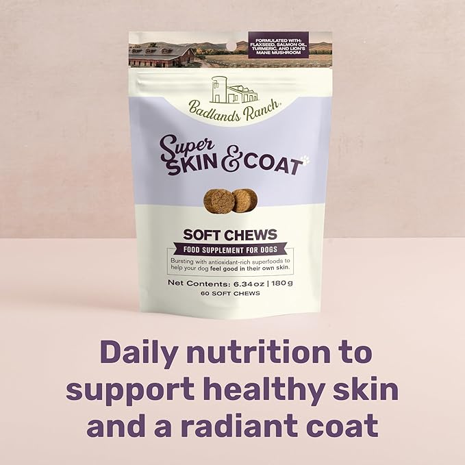 Badlands Ranch Super Skin & Coat Soft Chews for Dogs – Antioxidant-Rich Superfoods with Flaxseed, Salmon Oil, Turmeric & Lion’s Mane Mushroom – 60 Soft Chews