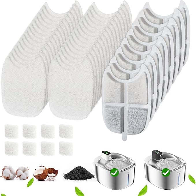 8 Pack Filters Replacement Filter for FS10 Plus Cat Fountain, 6 Layer Filter, Pet Drinking Fountain for 138 fl oz/4.1L FS10 Plus (White, 8 Filters + 32 Sponges & 8 Pump Filters)