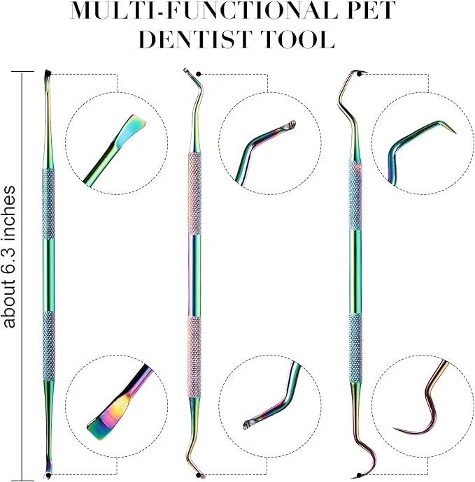 Hotop 3 Pieces Dog Dental Tooth Scaler and Scraper Stainless Double Headed Tarter Removing Tool Scraper Pet Teeth Cleaning Tools for Dog and Cat (Rainbow Color)