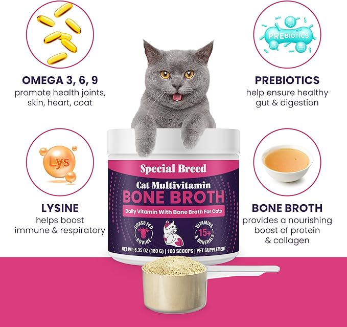 Cat Multivitamin with Grass-Fed Beef Bone Broth – Daily Supplement for Immune, Joint, Skin, Coat & Gut Health – Omega 3s, Lysine, Beta Glucan, Vitamins A-E, C, D – 180 Grams (Pack of 2) – No Fillers