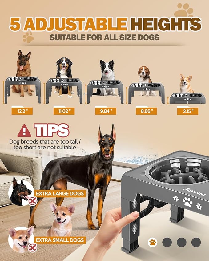 Elevated Dog Bowls for Medium Large Size Dogs, Non-Slip Dog Feeder with 1*Stainless Steel Dishes & 1*Slow Feeder Bowl, 5 Heights Adjustable Raised Bowls to 3.15″-8.66″-9.84″-11.02″-12.2″