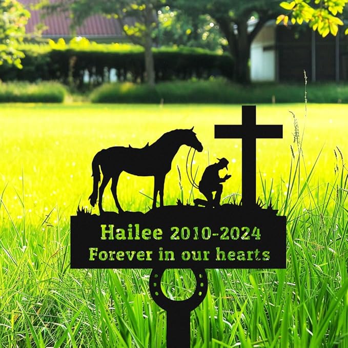 Custom Horseshoe Memorial Grave Marker, Personalized Cowboy Horse Sympathy Gift Cross Plaque, Metal Horse Memorial Garden Stake Yard Sign