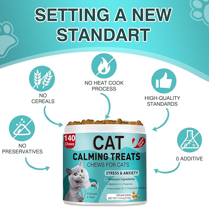 Cat Calming Treats, Calm Chews for Cats Pet Treats for Travel Boarding Foster Care Veterinary Visits Relieve Anxiety Prevent Bites by Cats Soothing for Indoor Kitten 7.41 OZ