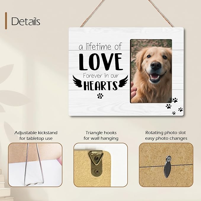 Pet Memorial Gifts for Loss of Pet, Forever In Our Heart, Dog Cat Memorial Wooden Picture Frame Sympathy Gifts, Fits 4x6 Photo Frame