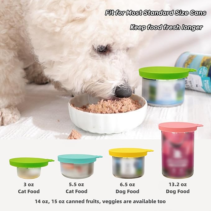 MoPawKT- Pet Food Can Covers Silicone Lids for 3-15 oz Cans, 3 Inner Diameters 2.6”/3”/3.4” Fit for Most Cat & Dog Food Cans/Tins, BPA Free, Reusable (set of 3 lids+1 spoon)