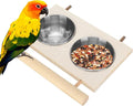 Bird Food Stainless Steel Cups, Parrots Feeding Dish Cups with Wooden Platform, Stainless Steel Food Water Feeder Cage Accessory with StandDouble Bowl