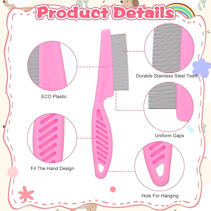 24 Pcs Flea Comb for Dogs and Cats Flea Remover Tool with Stainless Steel Metal Teeth for Detangling Grooming Kit, Pink, Blue and White, 2 Sizes