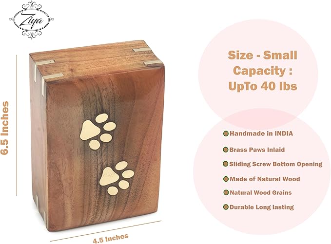 ZIYA Wooden Cremation Urn for Dog Ashes | Handmade Wood Pet Urn | Brass Paws Inlaid | Pet Memorial | Funeral Urns for Pet Ashes-Small