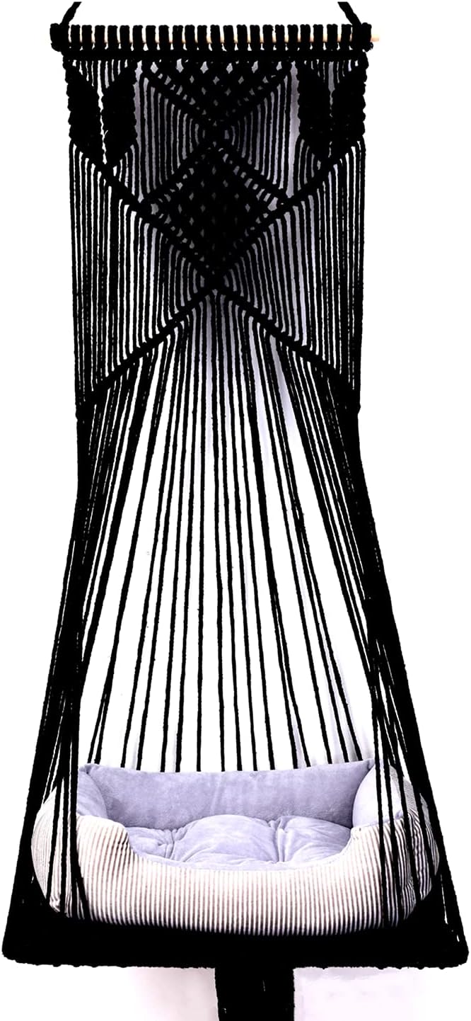 Macrame Hanging Cat Hammock Bed Cat Swing House Space Saving Window Perch with Washed Cotton Cats Toy Tassel Basket Tapestry (Black, Swing Bed+Cushion, L)