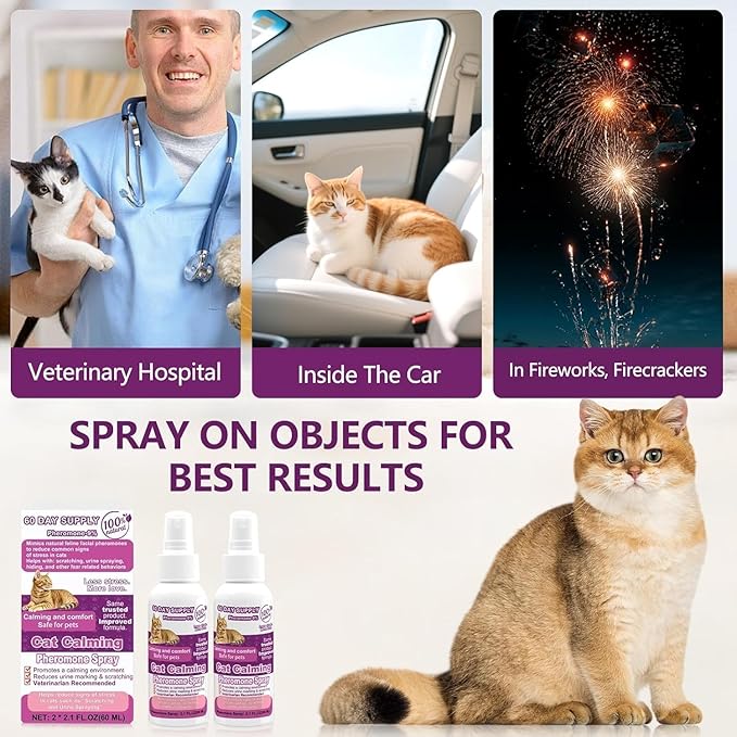 Cat Calming Pheromone Spray - Feline Facial Pheromones for Cats, Helps Reduce Anxiety, Stress, Scratching and Urine Marking, Anti Stress Calming Cat Spray for Travel, Vet Visits - 4.3 fl.oz 60 Day Kit