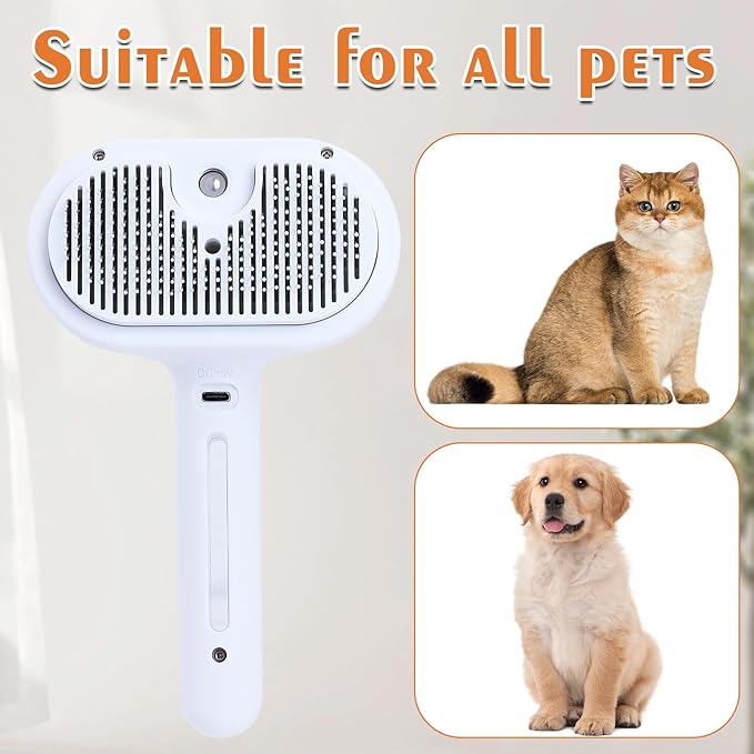NATUYA Cat Steam Brush, Self-Cleaning Pet Brush for Dog and Cats Shedding Massaging Grooming, Cool Mist Only, Come With Cat Nail Clipper (White)