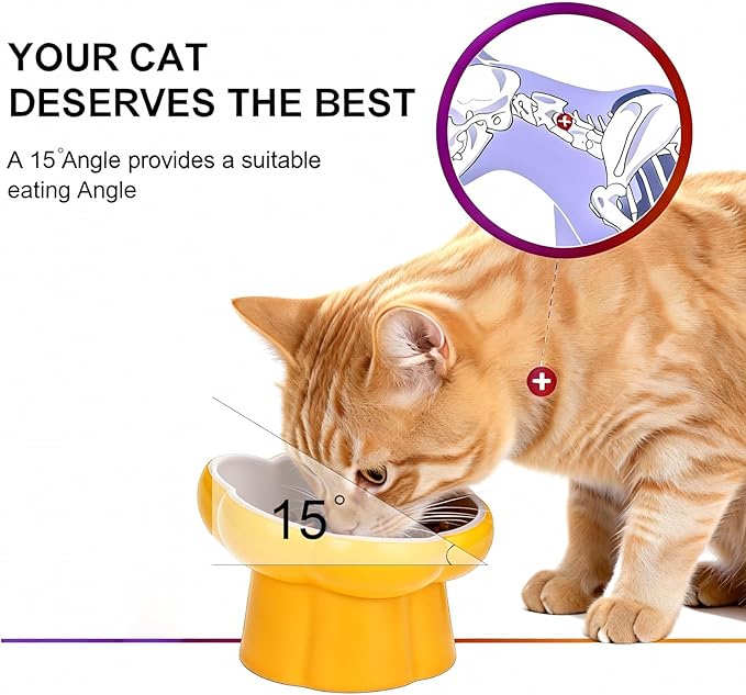 Cat Slow Feeder Flower-Shaped Ceramic Slow Feeder Cat Bowl, Tilted Raised Cat Slow Feeder Bowl for Whisker Relief, Prevents Vomiting & Bloating, Non-Slip Base, Cat Bowls for Dry and Wet Food