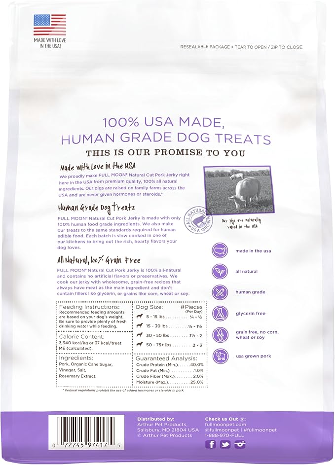 Full Moon Natural Cut Pork Jerky Healthy All Natural Dog Treats Human Grade Grain Free 10 oz,(Pack of 2)