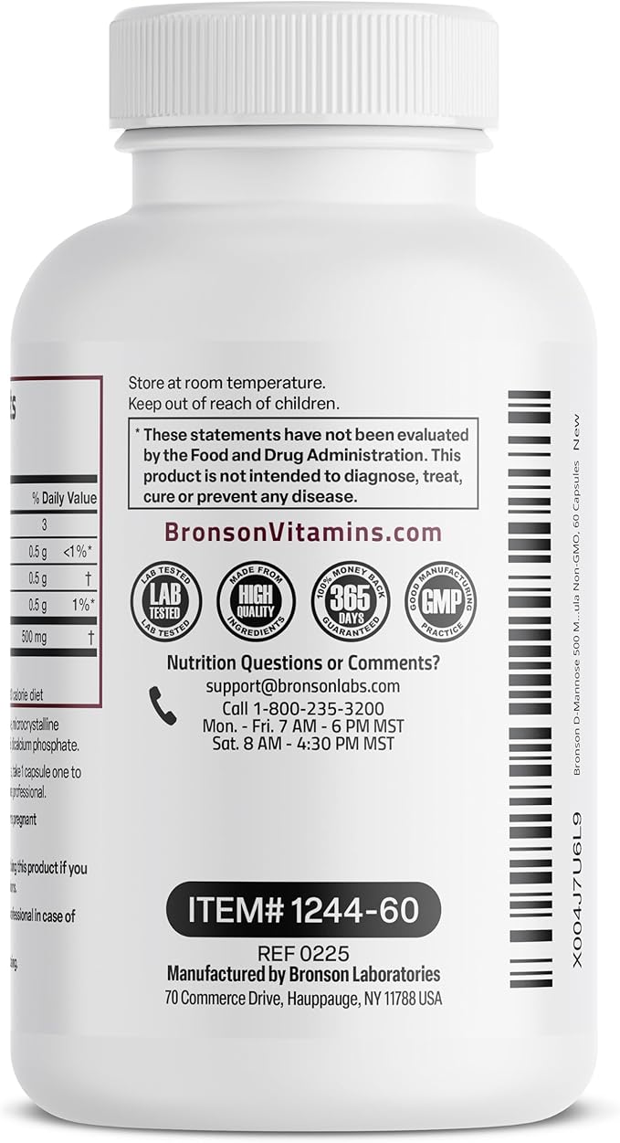 Bronson D-Mannose 500 MG Vegetarian Friendly Formula Non-GMO, 60 Capsules