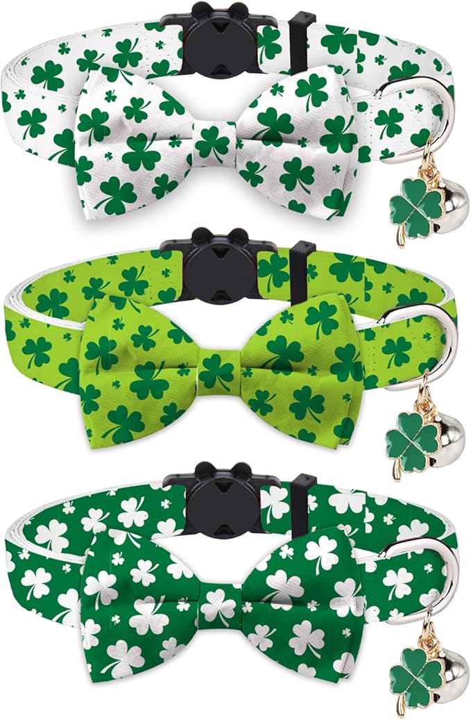 JarThenaAMCS 3 Pcs St. Patrick's Day Cat Collar with Breakaway Bell Bow Tie Green Shamrock Lucky Clover Adjustable Kitten Collars for Spring Irish Girl Boy Cats Small Pet Party