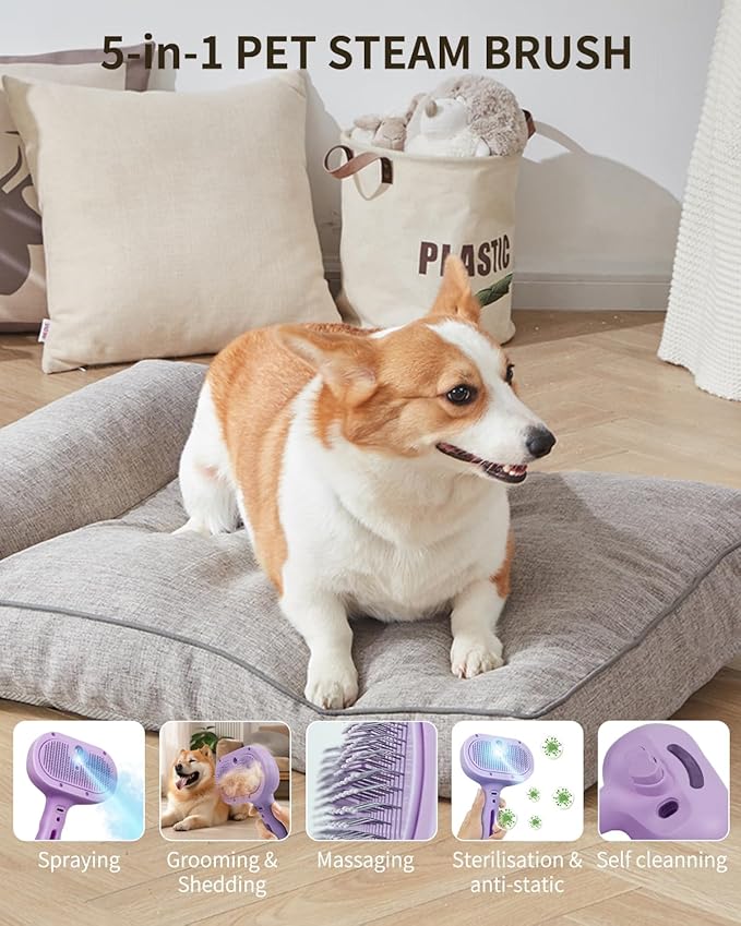 Dog Steam Brush 3 in 1 Cat Brushes with Steam, Release Button Grooming Brush for Pets Cats Dogs, Hair Removal Shedding for Small Animals Long Short Haired - Purple