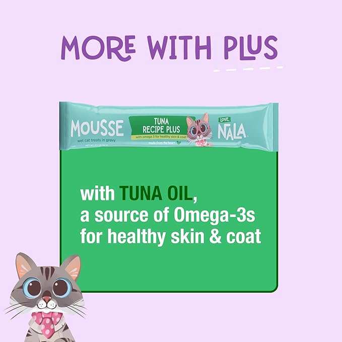 LOVE, NALA Tuna + Omega-3 Mousse Cat Treats – Brain & Heart Health Support – Lickable Squeeze-Up Puree, Topper or Treat – Grain-Free, 4 Pack – Human-Grade Protein, Non-GMO, No Artificial Additives