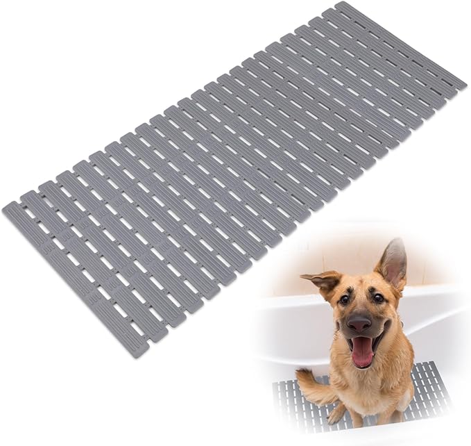Non Slip Dog Bath Mat for Tub, Quick Drain Pet Bathtub Mat, 35.4 x 15.7 Inch Trimmable Non Slip Shower Pad with Drain Holes and 216 Suction Cups for Pet Bathing, Dog Shower Attachment (Grey L)
