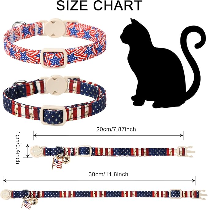 2 Pack American Flag Cat Collars Breakaway with Bell, DOGWONG Safety Buckle 4th of July Patriotic Cute Cat Collar for Girl Boy Cats，Adjustable 7-12 Inch