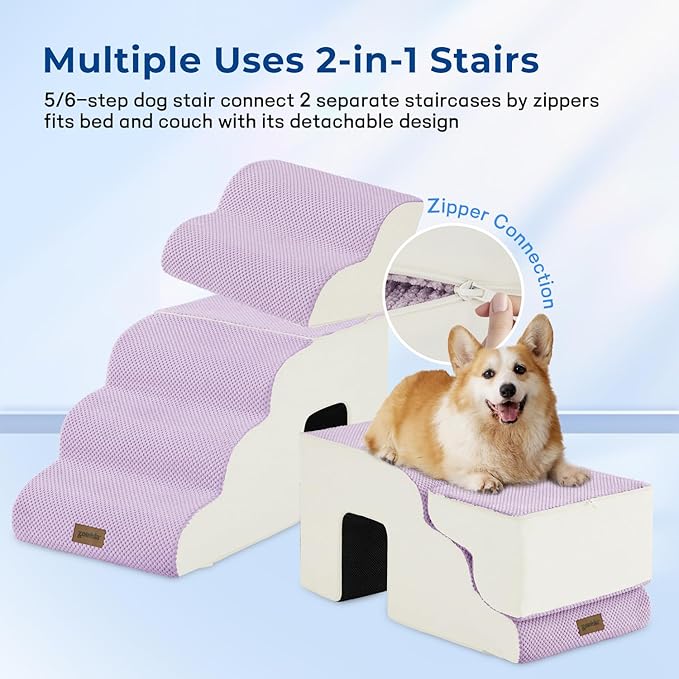 Dog Ramp for Large Dogs - 24" H 5 Steps Pet Stairs for High Bed with Tunnel 2 in 1 with Zippers Suitable, Indoor Cat Ladders with Non-Slip Bottom, Beige