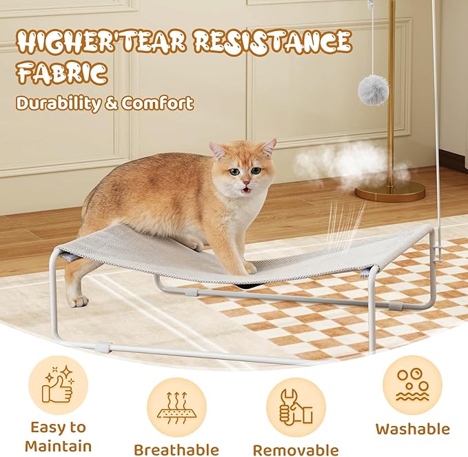Elevated Cat Hammock Bed,Large Breathable Cat Beds for Outdoor and Indoor,Water Repellent Fabric,with Hanging Ball Toy,Removable Cover,Portable Pet Bed Raised Cuddler for Sleeping Kittens, Small Dog