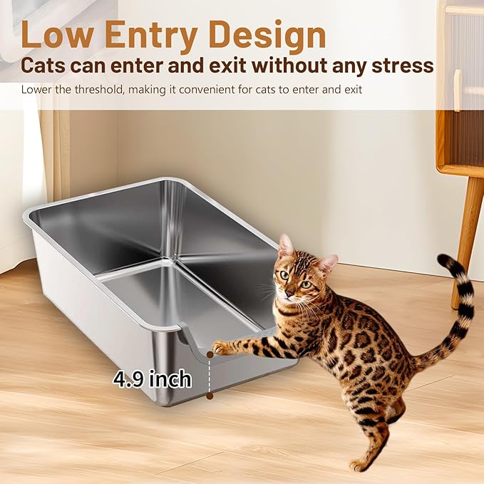 Stainless Steel Cat Litter Box, Steel Litter Pan with Curved Low Entry, Leak Proof 6 Inch High Side for Urine, Easy Entry for Kittens Older Cats, No Slip, 23.6" x 15.7" x 7.9", Grey