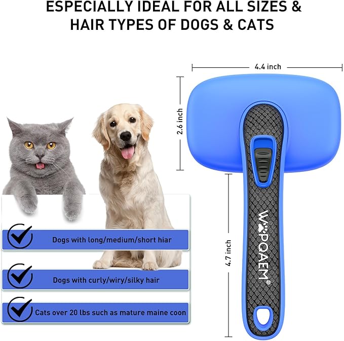 Self Cleaning Slicker Brush for Dog, Cat, Skin Friendly Shedding & Grooming Tool for Long and Short Haired Pets, Easy Clean Retractable Bristles, Blue