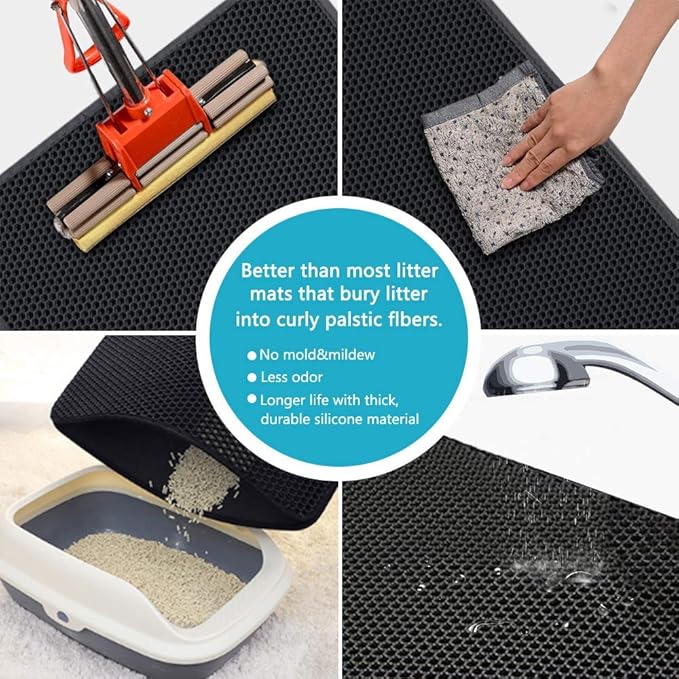 Large Cat Litter Box Mat: Easy Clean Kitty Litter Trapping Mat for Floor, Plastic Cat Box Pad (24 * 30in, Black, 2p)