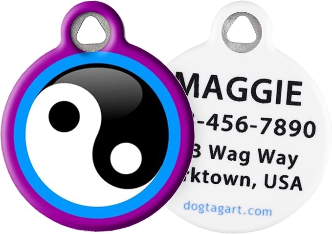 Dog Tag Art Yin and Yang Custom Pet ID Tag for Dogs and Cats, Silent Polymer Coated Stainless Steel Nametag with Customized Identification Information - Large 1.25" Diameter