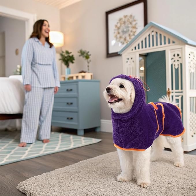 EXPAWLORER Soft Dog Bathrobe with Hood, Super Absorbent & Quick-Drying Dog Towels, Cozy Drying Coat for After Bath,Swimming, Purple M