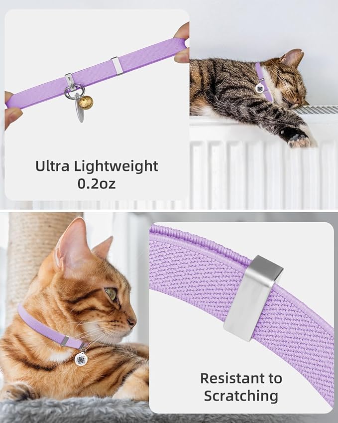 Cat Collar with QR Code Name Tag, Stretch Elastic Quick Release, Cat ID Tag Personalized, Ultra-Durable, Non Breakaway Lightweight Kitten Collar Fits Most Girl Boy Small Large Cats (Purple)