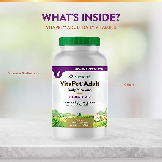 NaturVet VitaPet Adult Daily Vitamins for Dogs with Breath Aid – Includes Full Spectrum of Vitamins, Minerals, Omega-6 Fatty Acids, Parsley – Designed for Dogs Over 1 Year – 180 Ct.