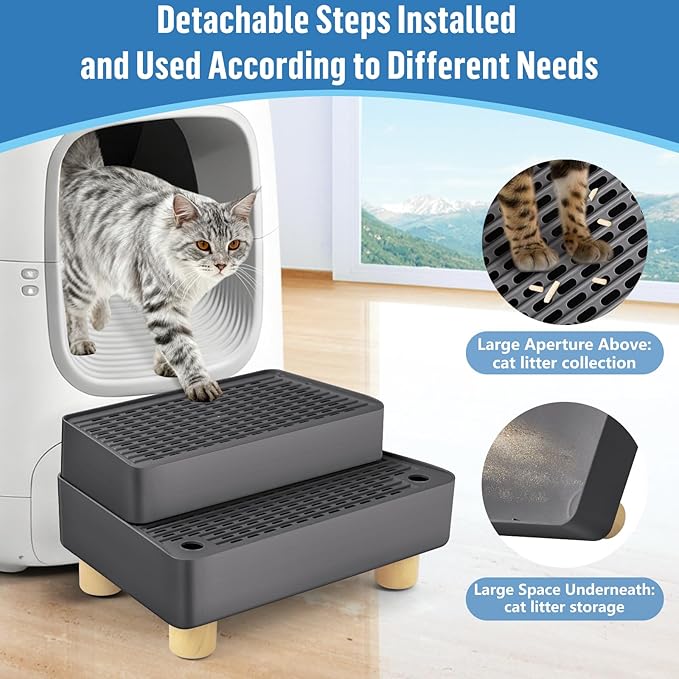 Extra Large 2 Steps Cat Litter Box Step Ramp, Cat Litter Catcher Mat with Wooden Feet, Filter Function, Cat's Pedal Stool for Self-Cleaning Litter, Suitable Kitten & Elderly Cats (Dark Grey)