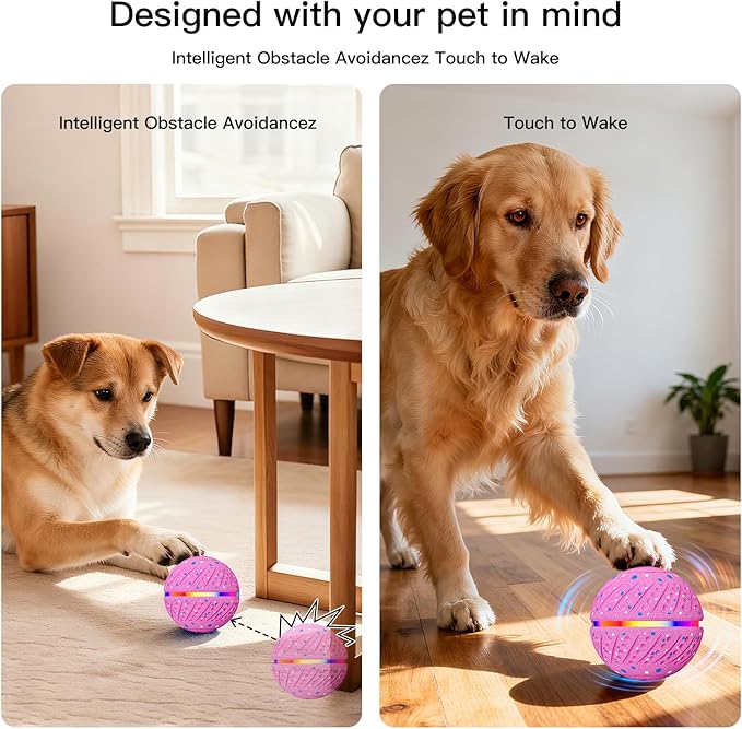 Interactive Dog Toys: Self Rolling & Bouncing Ball to Keep Them Busy, 3 Modes, Type-C Fast Charging, Durable E-TPU & IP54 Waterproof - Best for Small/Medium Breeds & Puppies (Pink, Medium)