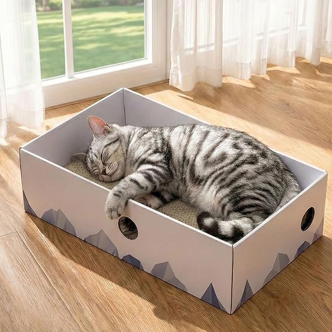 Conlun Cat Scratcher Box with Heavy-Duty Double-Sided Cardboard Pad, Cardboard Lounger, Interactive Hole Design, Cat Bed for Indoor Cats, White, Large