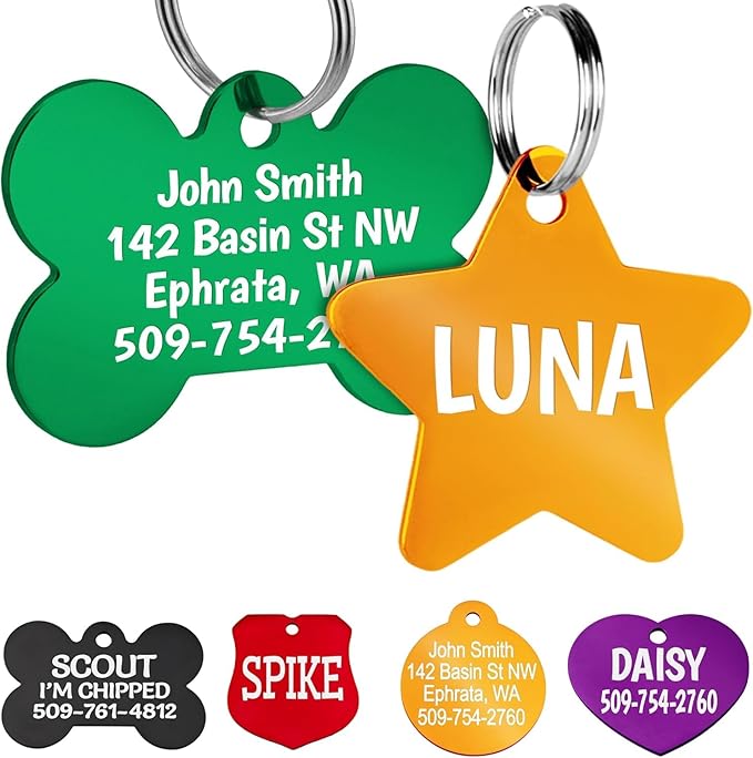 GoTags Dog Tags, Personalized Engraved Dog and Cat ID Tags for Pets, Custom Engraved on Both Sides, Various Shapes Including Bone, Round, Heart, Bow Tie, Star, and Badge (Star, Large - Pack of 1)