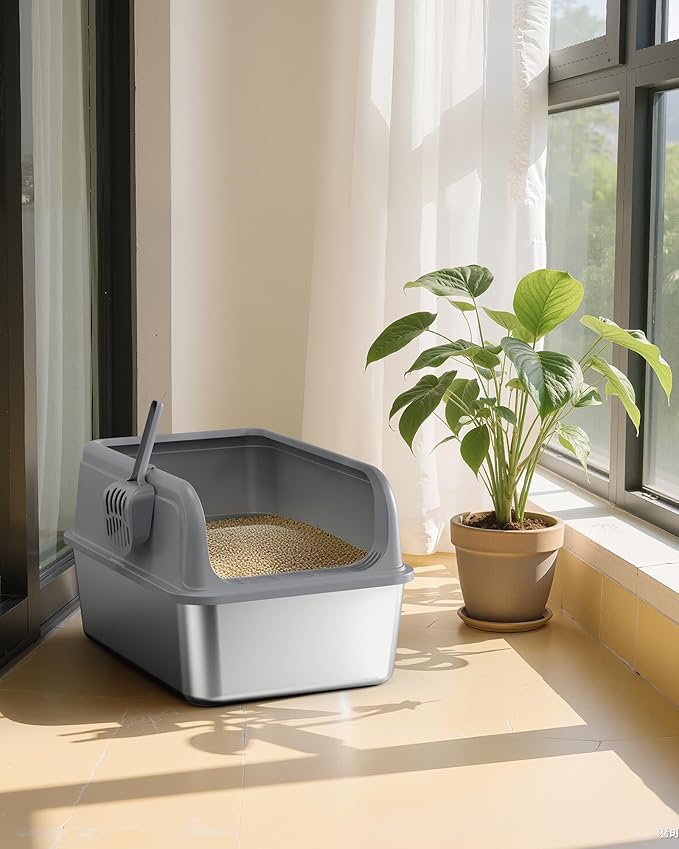 Stainless Steel Cat Litter Box, Metal Litter Box with Scoop, High- Sided, Anti-Leakage Top Entry, Non-Sticky, Easy to Clean, Grey, M (2 Pack)