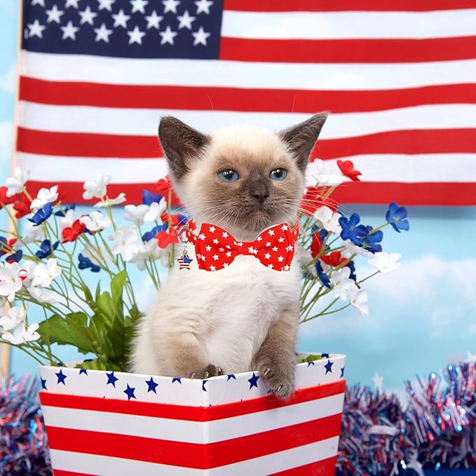 JarThenaAMCS 3Pcs Patriotic Cat Collar American Flag Star Collar with Breakaway Bell Bow Red White Blue 4th of July Adjustable Kitten Collars for 250th Anniversary Independence Day Supplies