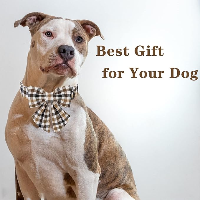 Unique style paws Christmas Dog Collar with Bow Tie Brown Plaid Puppy Collar for Small Medium Large Dogs as Autumn Winter Pet Gifts-M