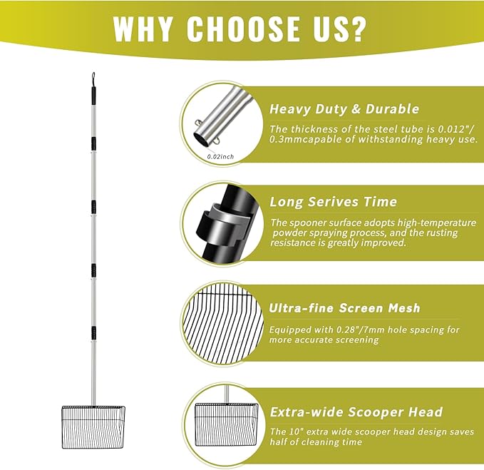 Metal Chicken Poop Scooper, 5-in-1 Detachable Chicken Coop Scoop Rake, Long Stainless Steel Handle, Chicken Litter Scoop Sifting Shovel Chicken Coop Scooper for Sand (10inch Large)