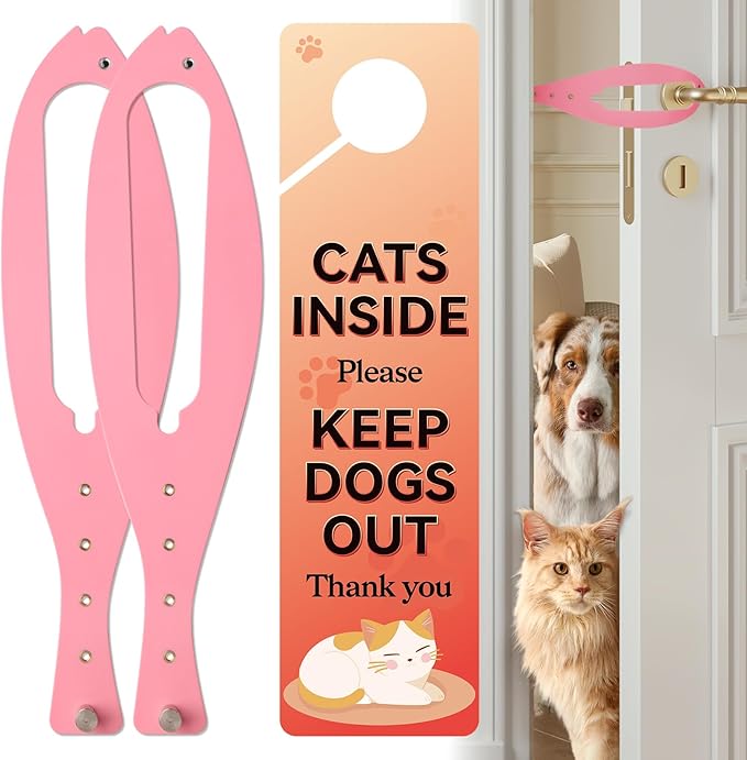 TGIOW Cat Door Latch, 2 Pcs Cat Door Stopper Pet Door Latch to Keep Dog Out of Litter Box and Food, Door Prop for Cat with 5 Adjustable Size Strap 2.5-6" Wide, No Measuring, Easy to Install, Pink