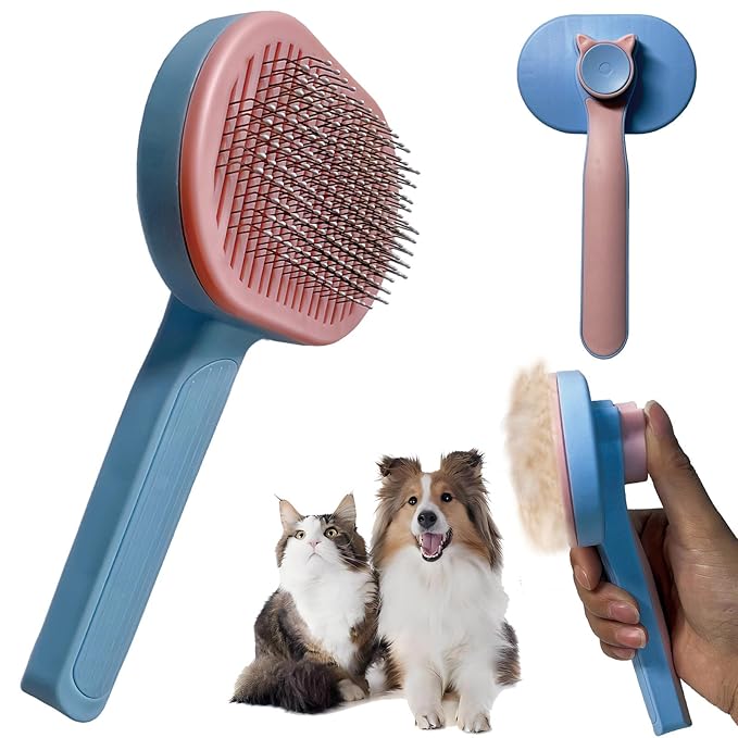 Demiya Pet Brush with Ergonomic Handle, Plastic Pets Grooming Comb for Cats, Dogs, Detangling and Deshedding Tool (Blue)