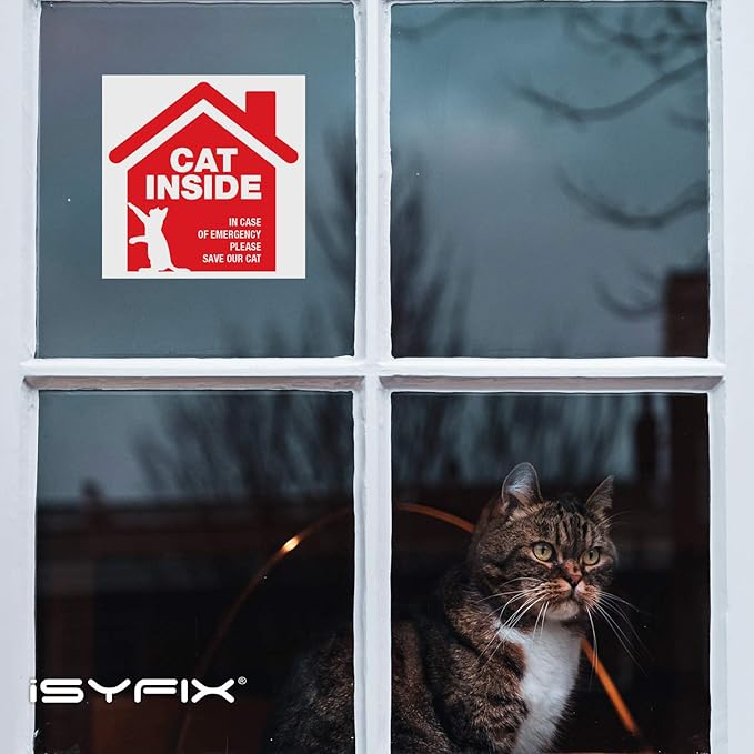 iSYFIX Cat Inside Alert Signs Stickers - 4 Pack 5x5 Inch - Premium Self-Adhesive Vinyl, Laminated for Ultimate UV, Weather, Scratch, Water and Fade Resistance, Indoor and Outdoor Red