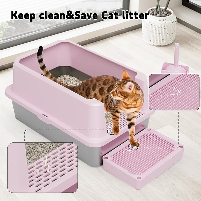 RIZZARI Large Cat Litter Box: Pink Heavy-Duty 304 Stainless Steel Open Pan - High Sides Prevent Leaks - Odor-Free & Easy Clean - Teflon Non-Stick Coating - Ideal for Big Cats in Apartments & Bathrooms