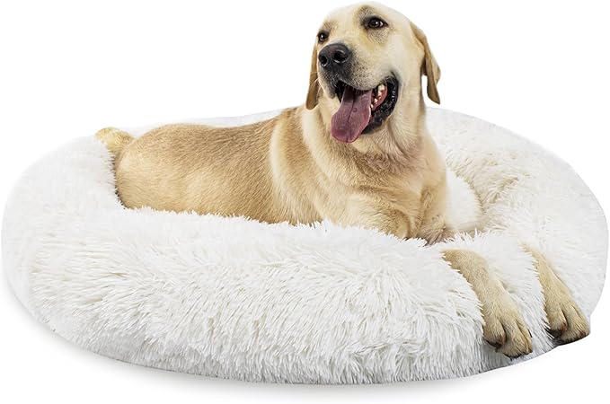 Calming Dog Bed for Big Dogs, 39'' Round Anti-Anxiety Warm Fluffy Plush Faux Fur Bed, Soft Anti-Slip Donut Washable Big Pet Bed, Cozy Big Dogs Bed, Fits up to 100 lbs Pets