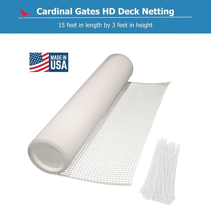 Cardinal Gates DSHD15 Heavy-Duty Outdoor Deck Netting - Plastic Balcony Netting for Pets & Kids - 15ft X 3ft Banister Safety Net - Apartment Railing Screen Guard - Cat Net - Made in USA – Natural