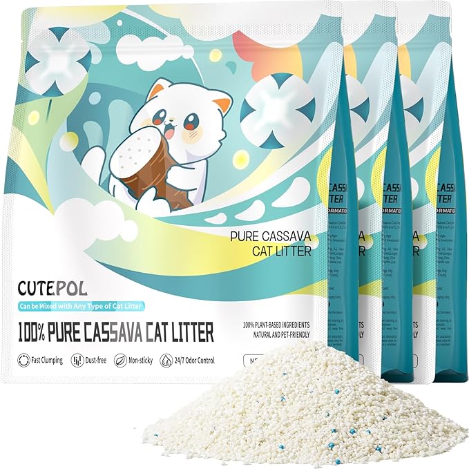 Cassava Clumping Cat Litter, Non Sticking, Rapid Clumping, Water Absorbent, Dust-Free, 16.5lb (3 Pack of 5.5lb Bags)